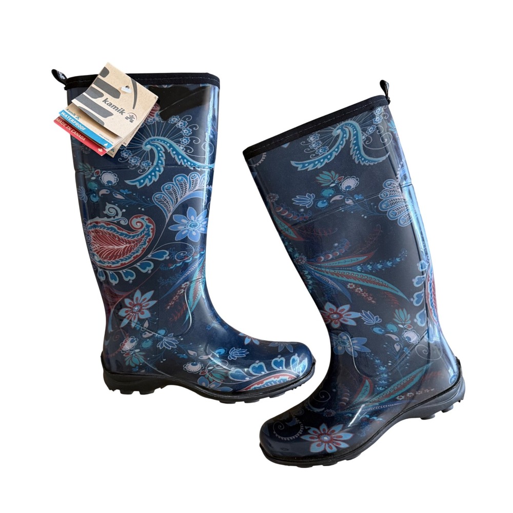 NWT Kamik Womens Blue Paisley Floral Waterproof Tall Rain Boots Size 6